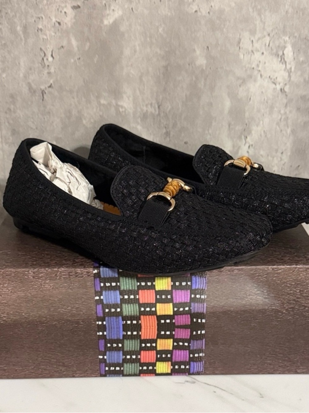 bernie mev. Black Braided Slip-On Loafers with Gold Bit